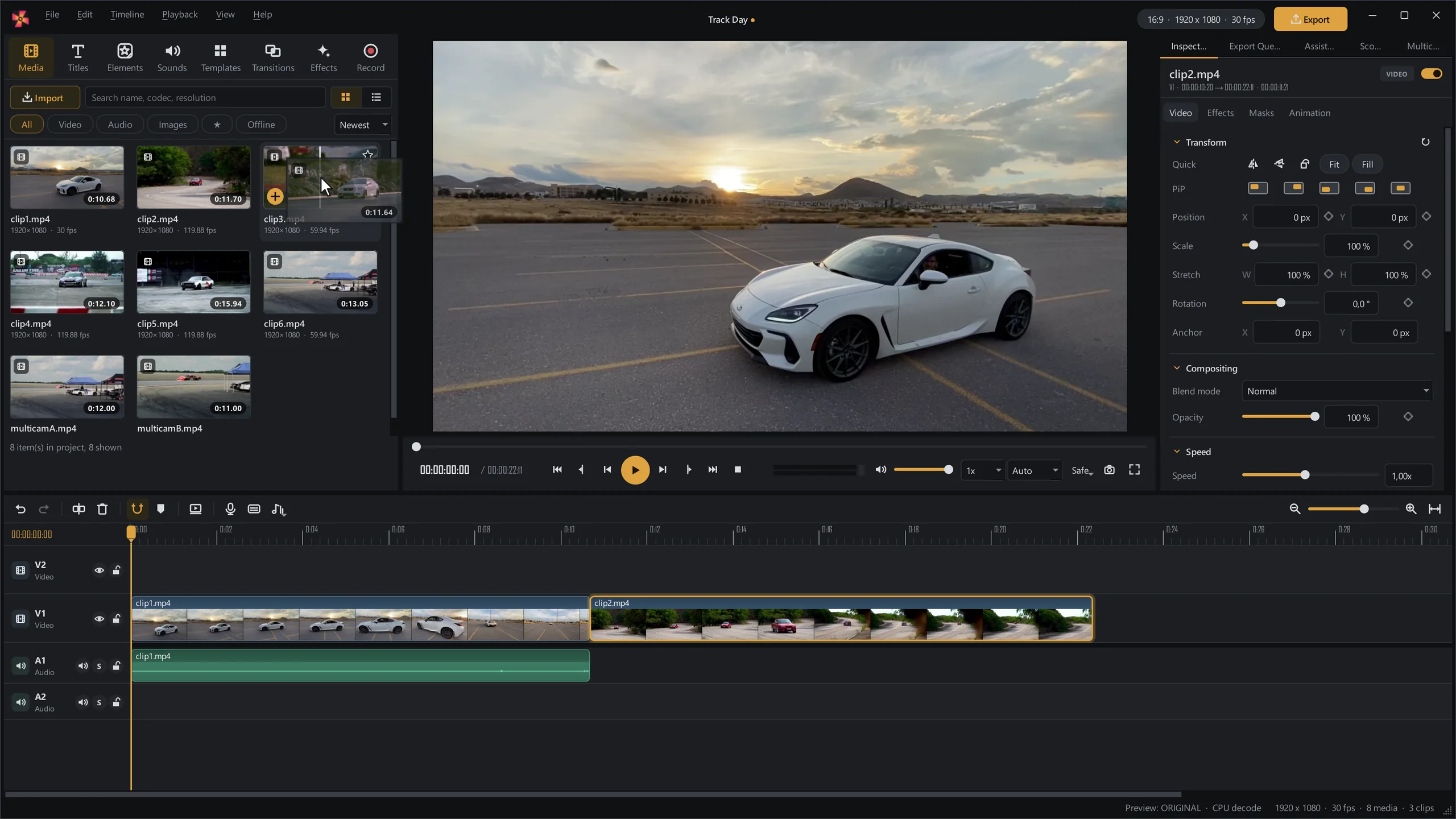 A clip being dragged from the media library onto the first video track of the timeline.