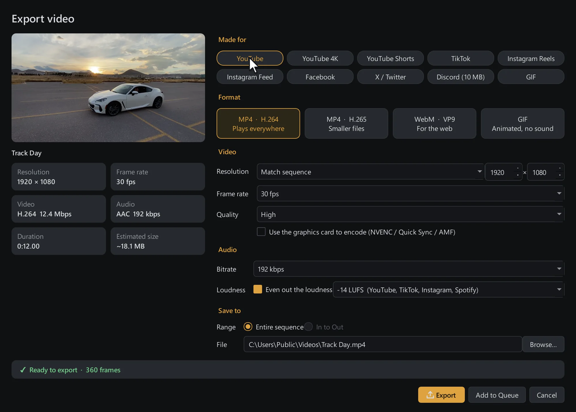 The export dialog with presets for YouTube, YouTube Shorts, TikTok, Instagram Reels, Facebook, X and Discord, the formats MP4, WebM and GIF, and a loudness setting.
