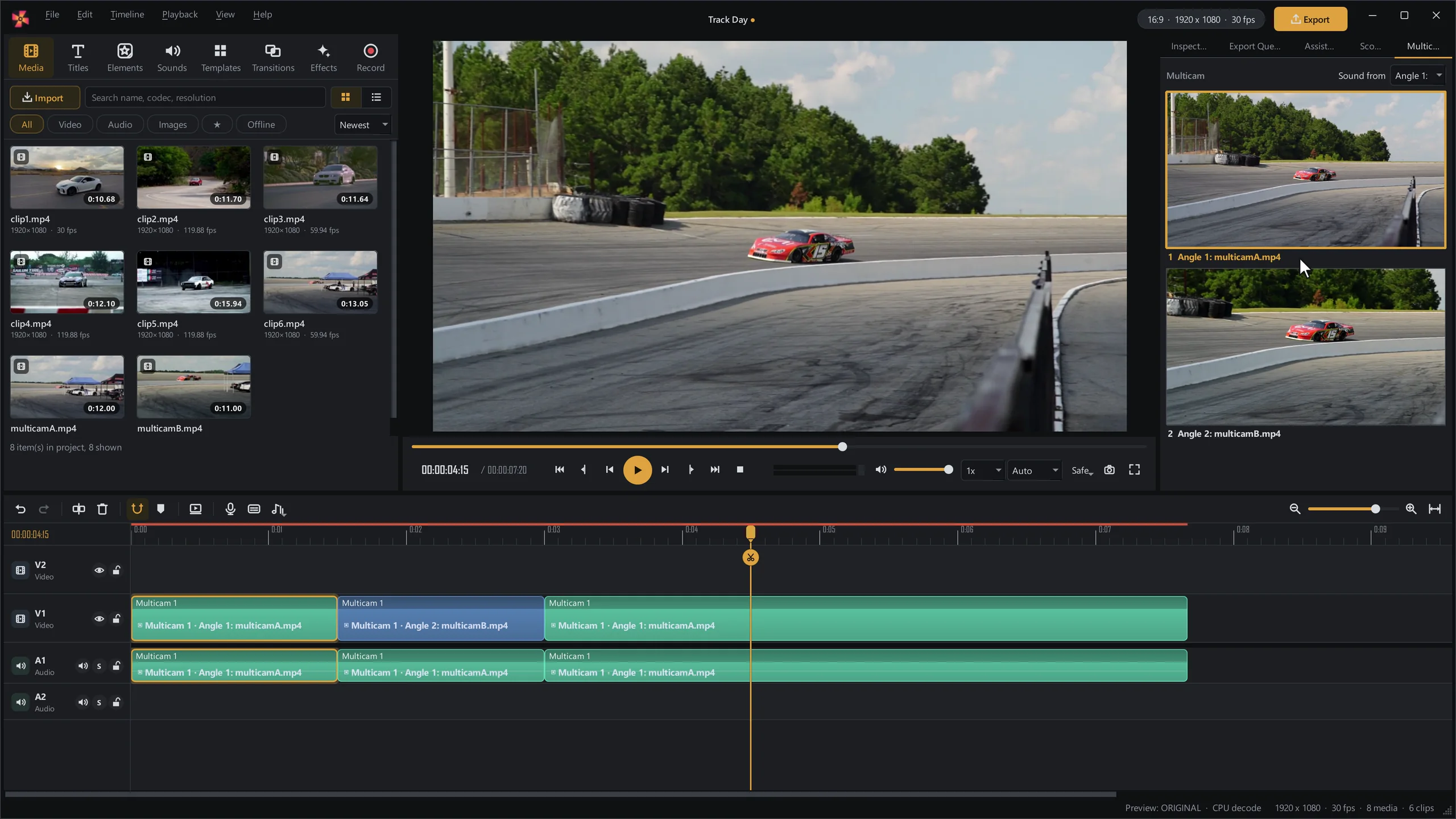 Multicam editing: two camera angles of a race car in the Multicam panel, and a timeline cut between angle 1 and angle 2.
