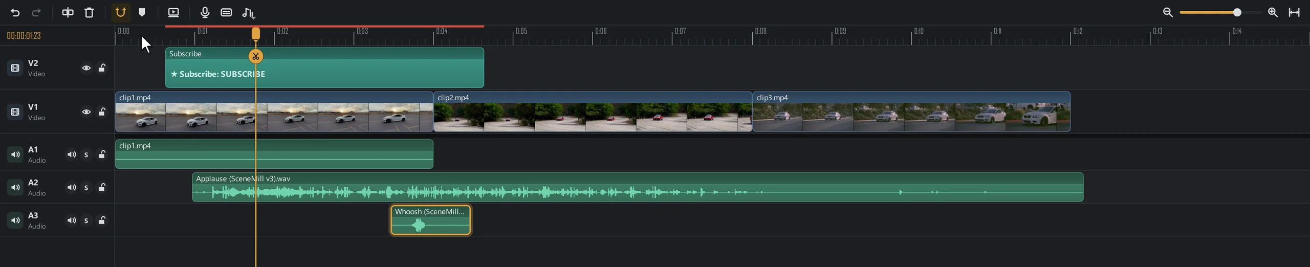 SceneMill's timeline: a sticker on video track 2, three video clips with thumbnails on track 1, and three audio tracks with waveforms, the playhead near the start.