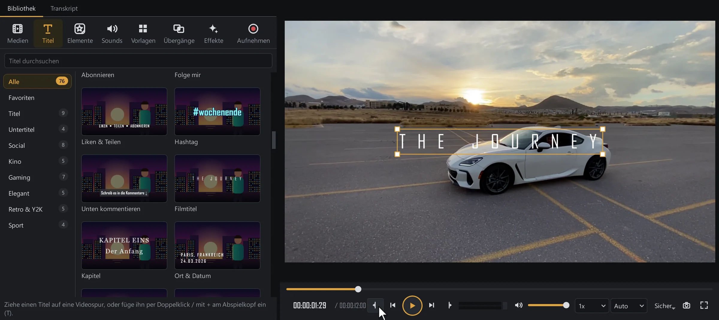 Die Titelbibliothek mit Kategorien wie Lower Thirds, Cinematic und Gaming, und der Filmtitel „The Journey“ in der Vorschau.