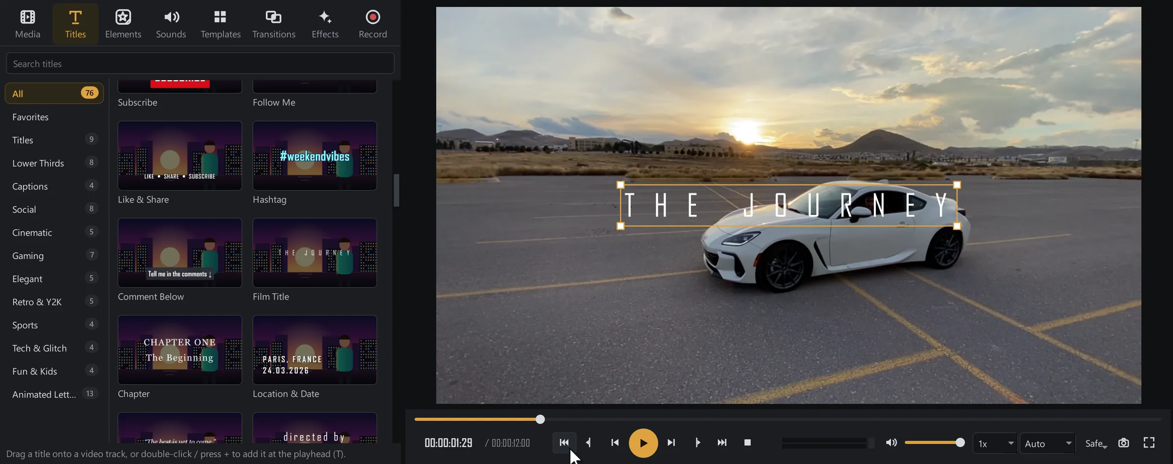 The title library with categories such as Lower Thirds, Cinematic and Gaming, and the film title “The Journey” selected in the viewer.