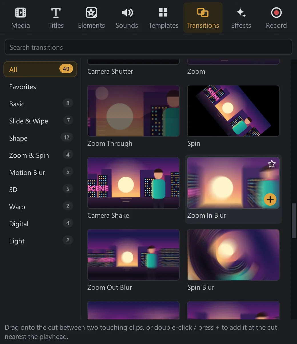 The transition library: categories such as Slide & Wipe, Zoom & Spin and Motion Blur, with preview cards.